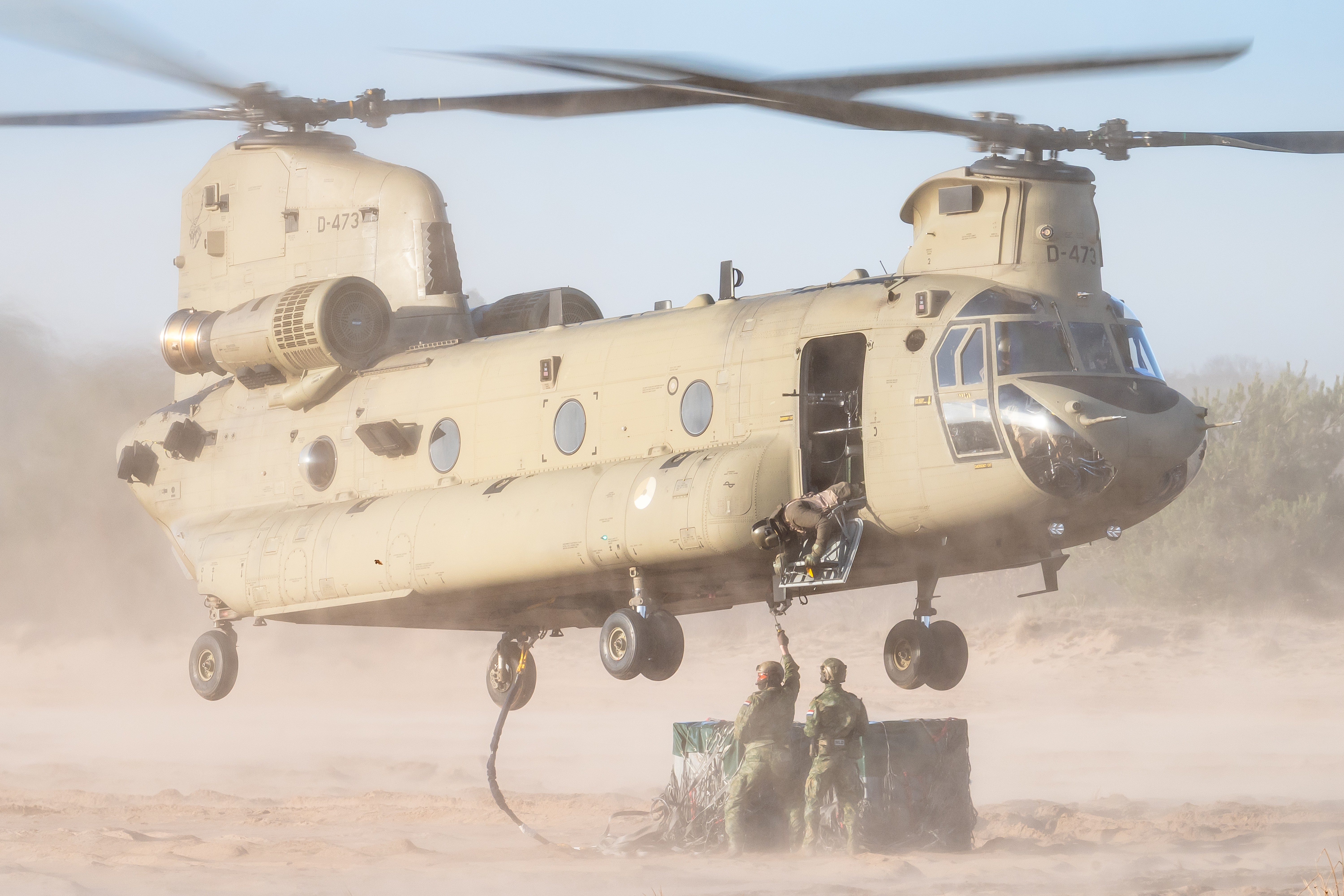A CH-47F Chinook military transport helicopter from the Defense Helicopter Command of the Royal Netherlands Air and Space Force is training sling load operations at a low flying area.