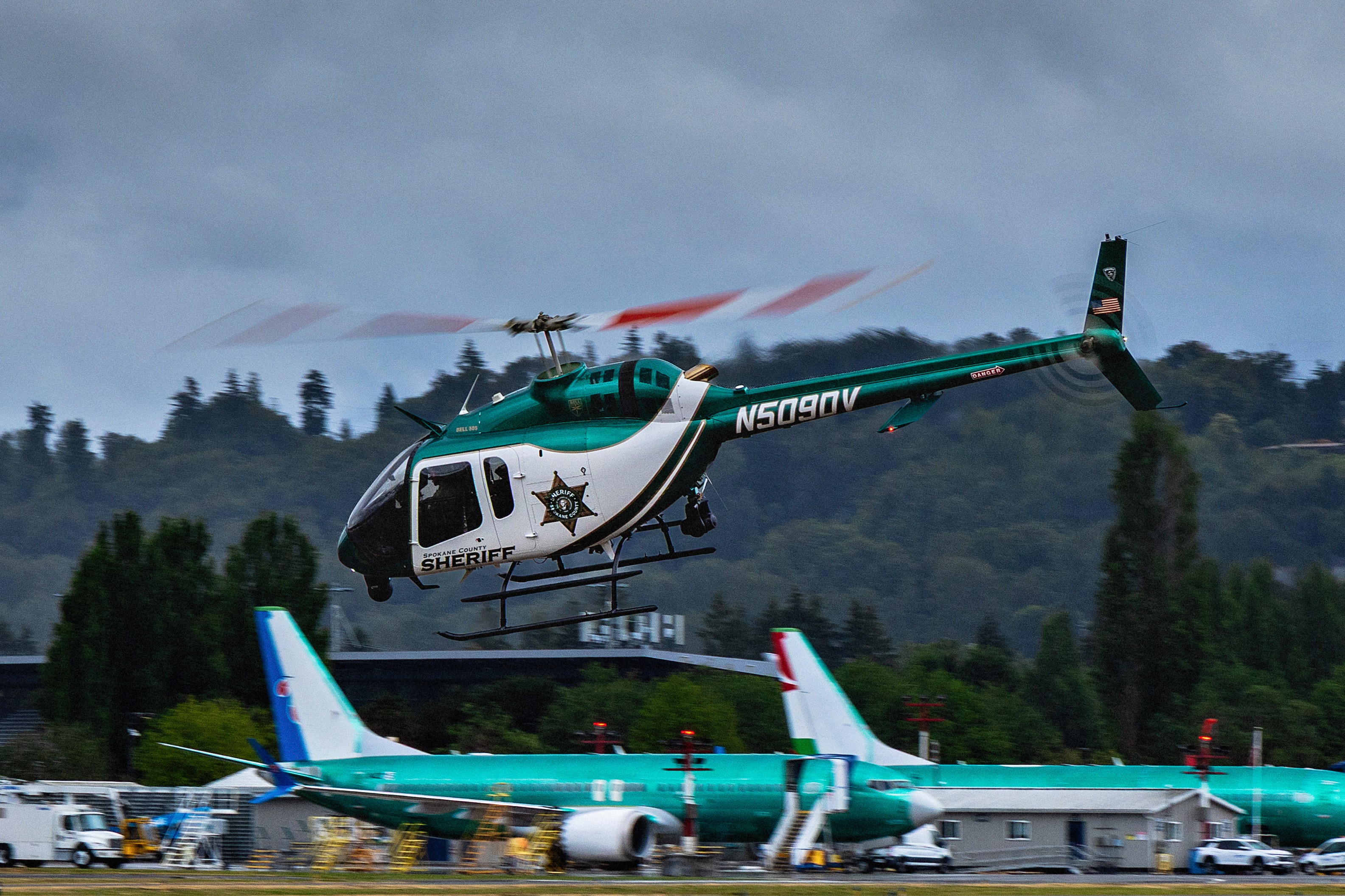 Spokane County Sheriff's Office "Air-1" (Bell 505) departs Renton Municipal Airport after spending the week partnering with the King County Sheriff's Office Air Support Unit, providing aerial security and public safety support during the 2026 FIFA World Cup in the Seattle region.