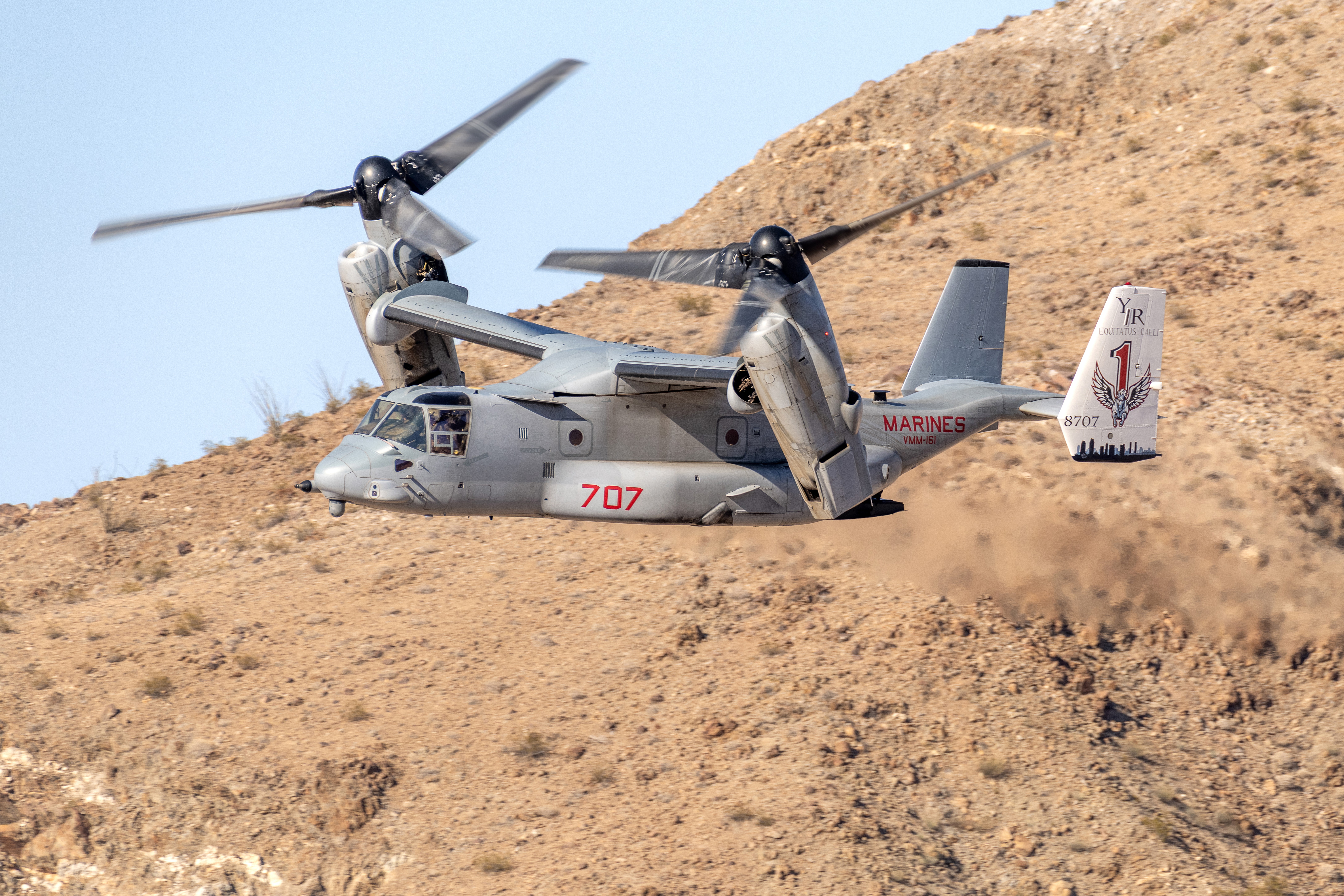 A special photoshoot of the newly painted VMM-161 Greyhawk color bird, photographed in Carrizo Badlands located within Anza-Borrego Desert State Park, California. The winged horse is Pegasus, the squadron insignia, and the "1" signifies that HMM-161 was the very first helicopter squadron in the world, established in 1951 and saw extensive combat duty in the Korean War.