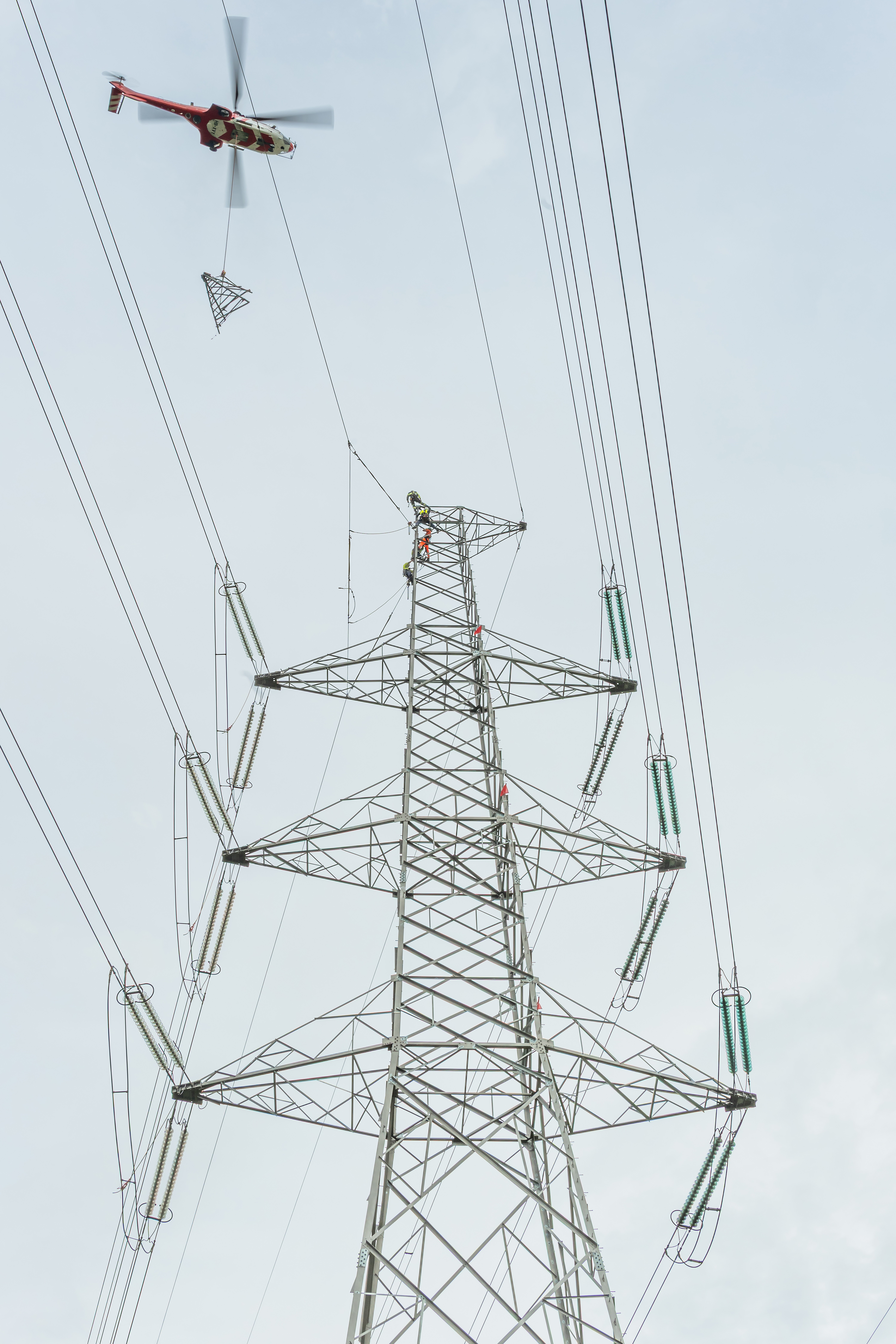 An Aérospatiale 332 Super Puma helicopter bringing a new segment for a high-voltage transmission tower in the Belgian Ardennes.
