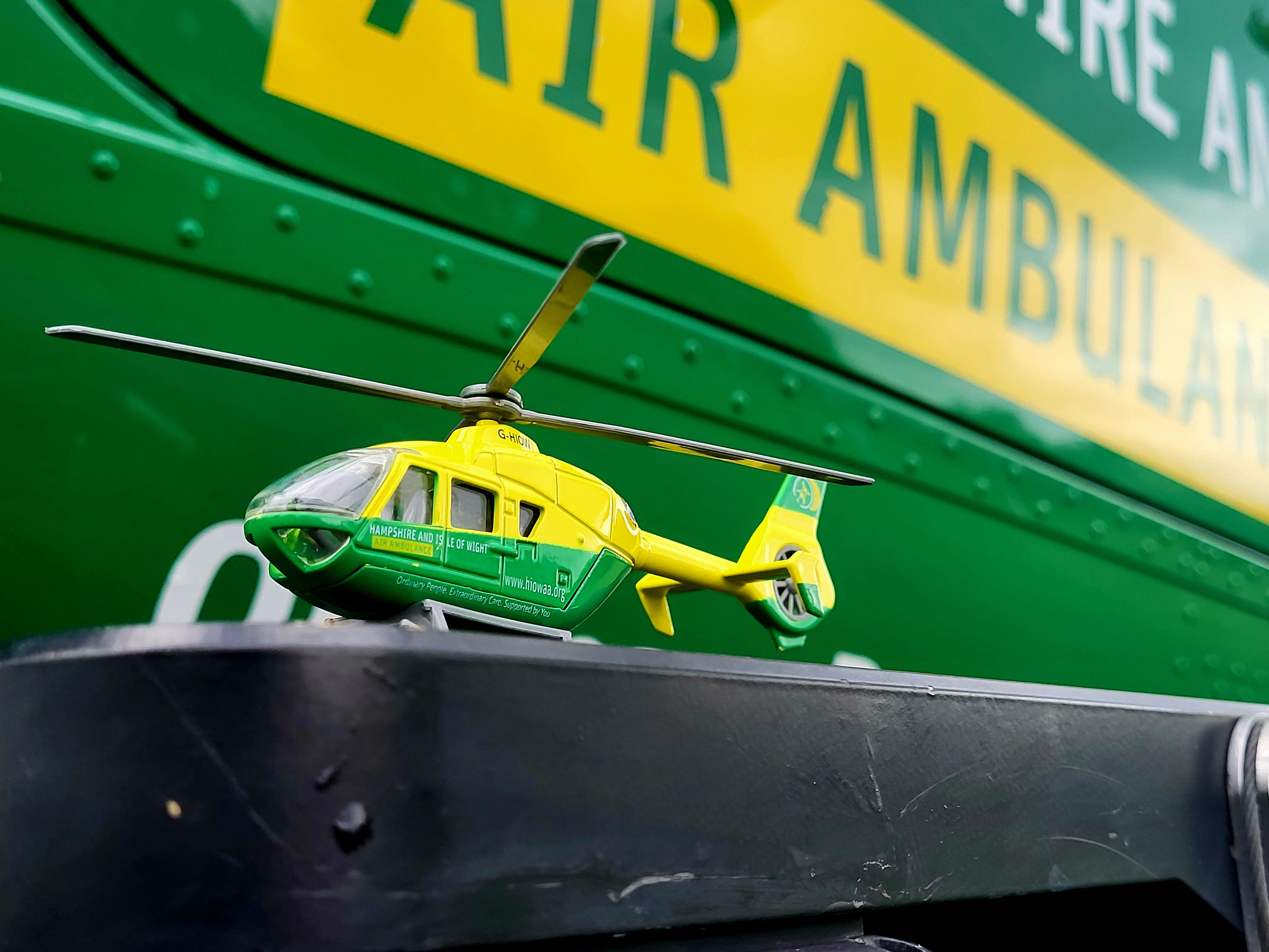 Here is the Hampshire and Isle of Wight Air Ambulance, attending a medical callout in my local area, and this time it has a miniature sidekick!! Let's hope they get along!