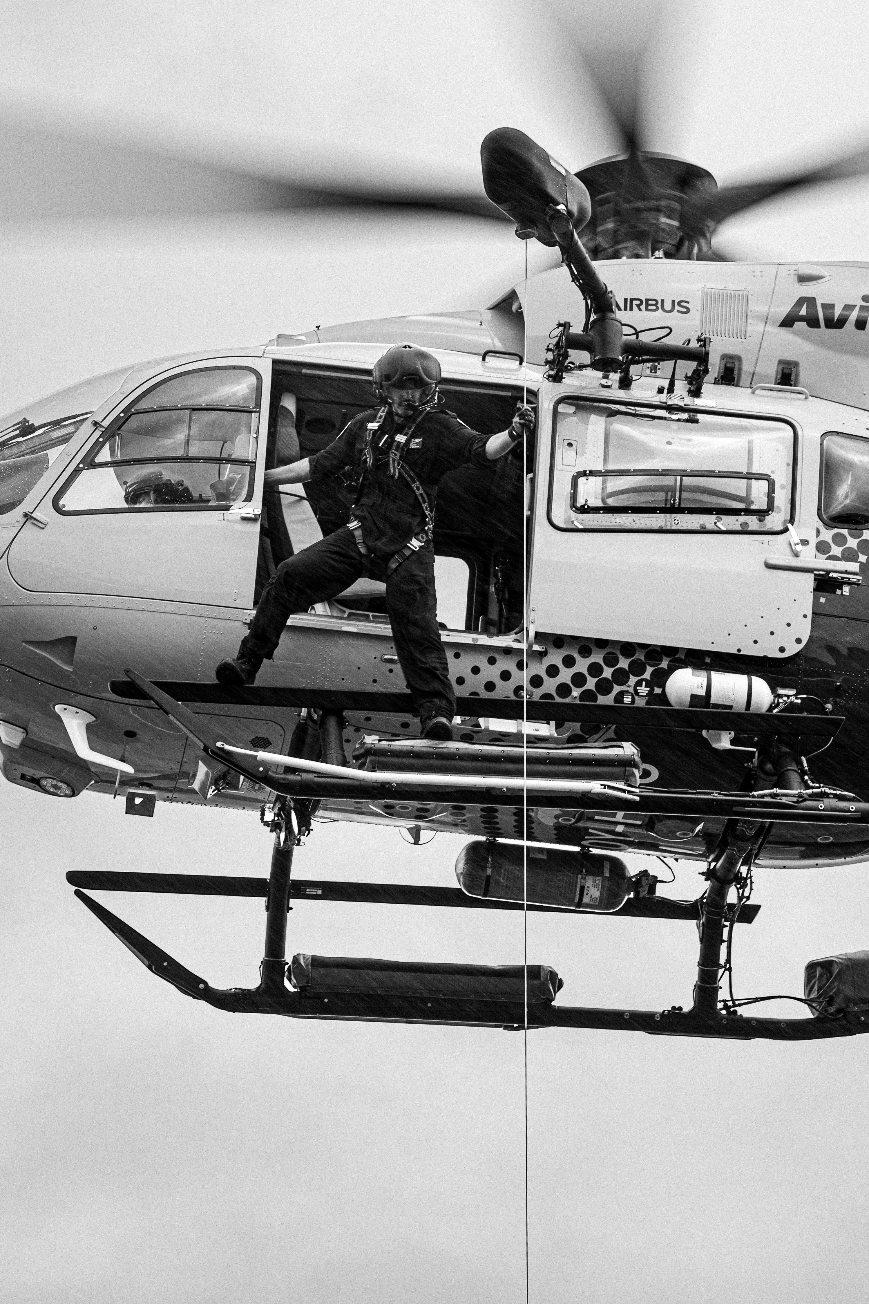 Hoist practice with an Avincis Aviation livery H145. Between precision hoist missions to many of Denmark's wind turbines, these hoist operators train to operate under pressure to ensure safe, efficient hoists.
