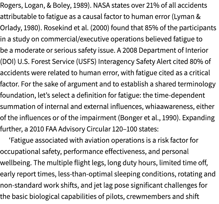 Rogers, Logan, & Boley, 1989). NASA states over 21% of all accidents attributable to fatigue as a causal factor to hu...
