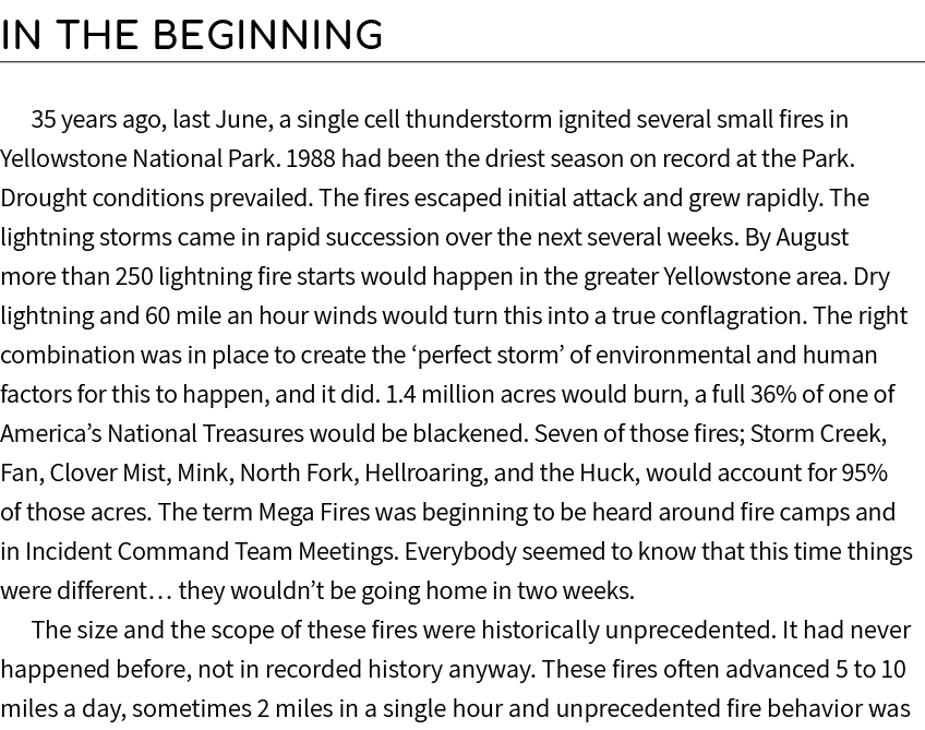 In the beginning 35 years ago, last June, a single cell thunderstorm ignited several small fires in Yellowstone Natio...