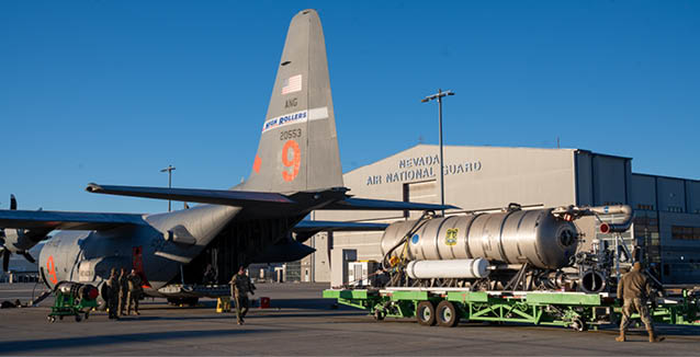 Airmen from the 152nd Maintenance and Logistics Readiness Squadron, Nevada Air National Guard, load the Modular Airborne Firefighting System (MAFFS) tank into MAFFS 9 at the Nevada Air National Guard Base January 10, 2024 to support wildland firefighting in Los Angeles. U.S. Northern Command has activated eight C-130 aircraft equipped with MAFFS and associated personnel to relocate from their home stations to the Channel Islands in Southern California to support firefighting efforts in the Los Angeles area. Some of the aircraft will be operational beginning Jan. 10, with all ready by or before Jan. 12. The 152nd Airlift Wing’s “High Rollers” will report on January 11.