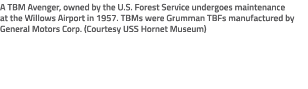 A TBM Avenger, owned by the U.S. Forest Service undergoes maintenance at the Willows Airport in 1957. TBMs were Grumm...