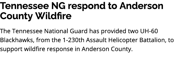 Tennessee NG respond to Anderson County Wildfire The Tennessee National Guard has provided two UH 60 Blackhawks, from...