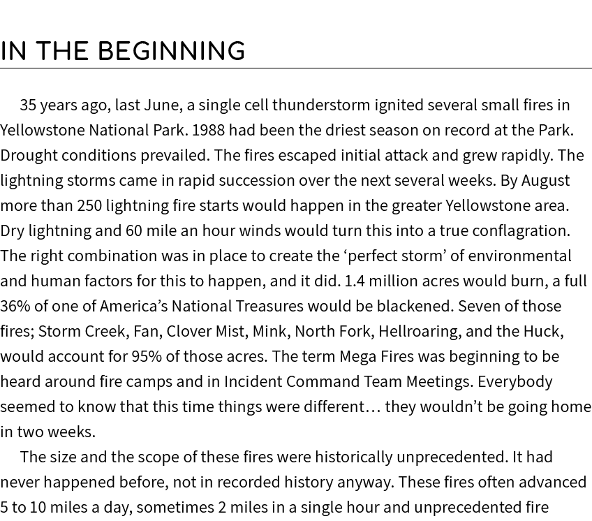 In the beginning 35 years ago, last June, a single cell thunderstorm ignited several small fires in Yellowstone Natio...