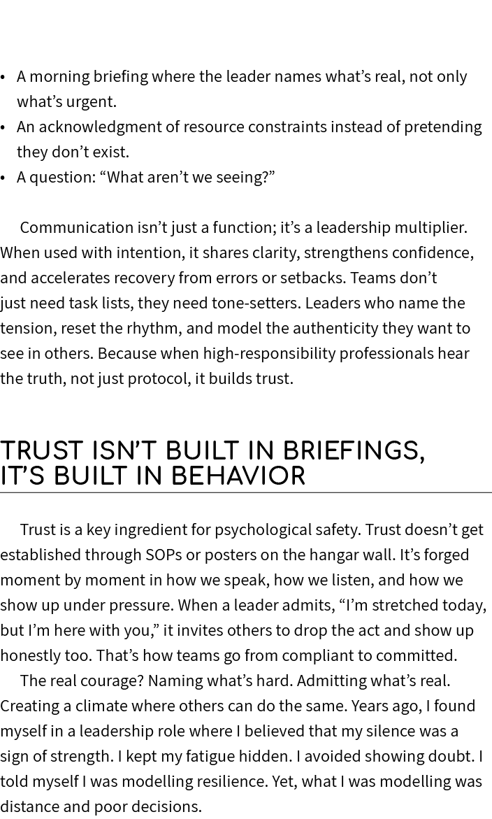  • A morning briefing where the leader names what’s real, not only what’s urgent. • An acknowledgment of resource con...
