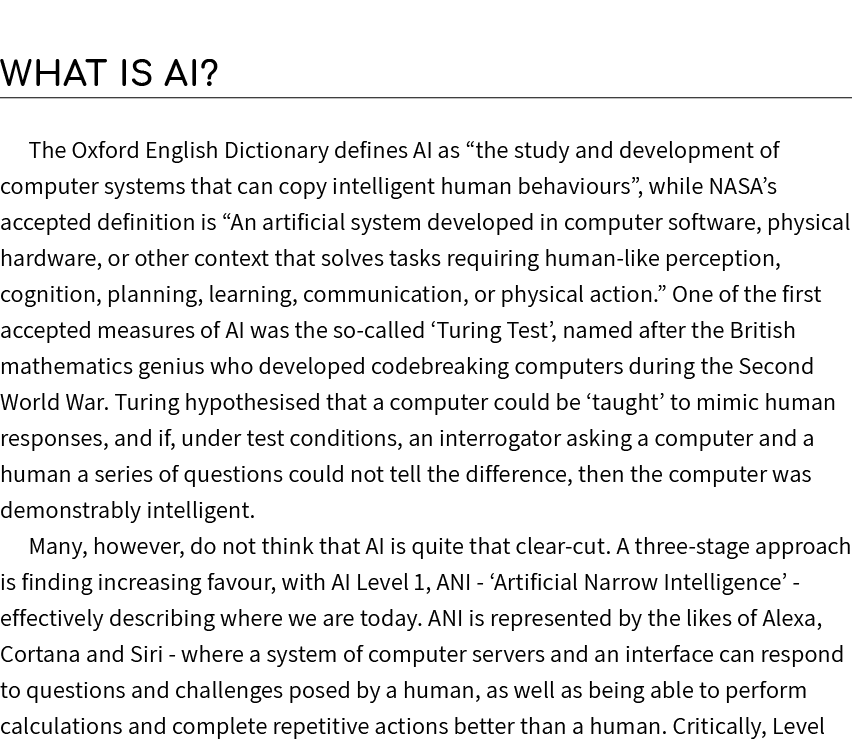What is AI? The Oxford English Dictionary defines AI as “the study and development of computer systems that can copy ...