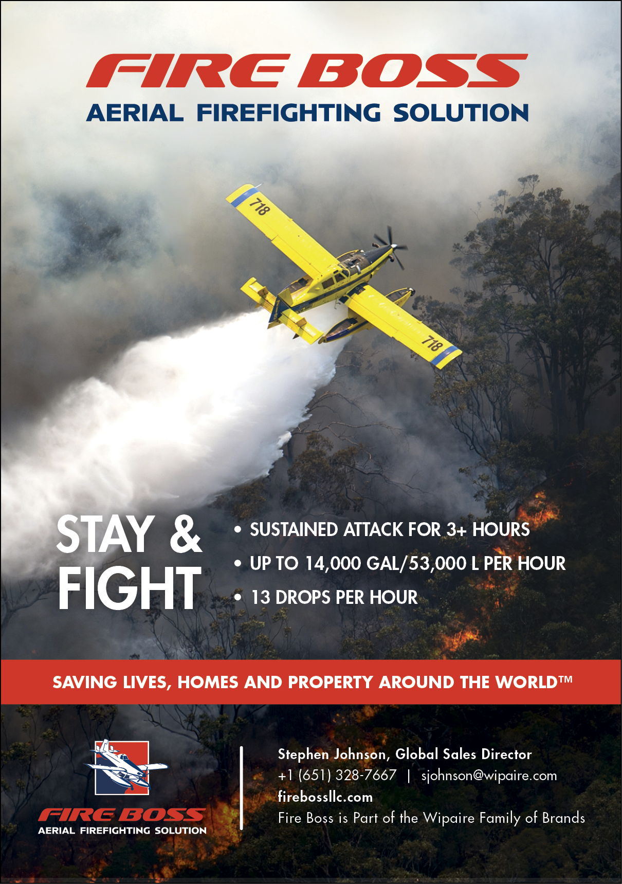 A yellow and blue airplane is shown spraying water on a forest fire. The advertisement is for Fire Boss, a company that provides aerial firefighting solutions. AI generated content