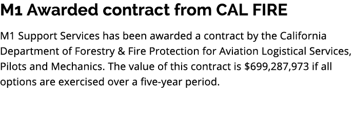 M1 Awarded contract from CAL FIRE M1 Support Services has been awarded a contract by the California Department of For...