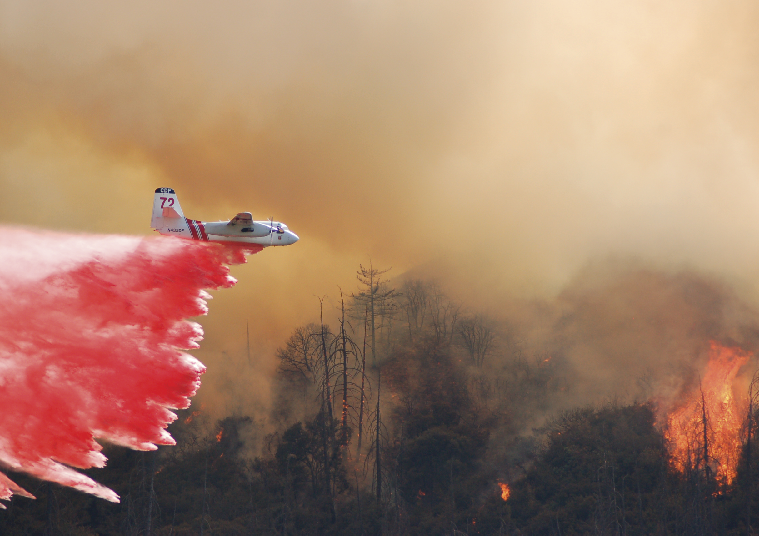 A red and white plane is flying through a forest with smoke coming out of it. AI generated content