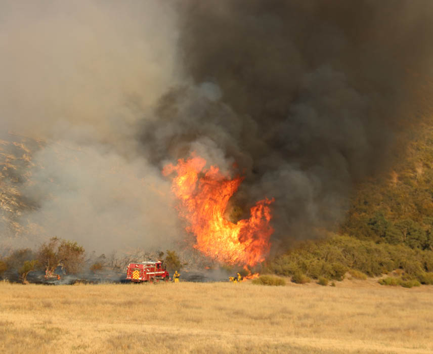 A fire is burning in a field, with a red and yellow flame visible. The fire is surrounded by a forest, and there is a truck nearby. AI generated content