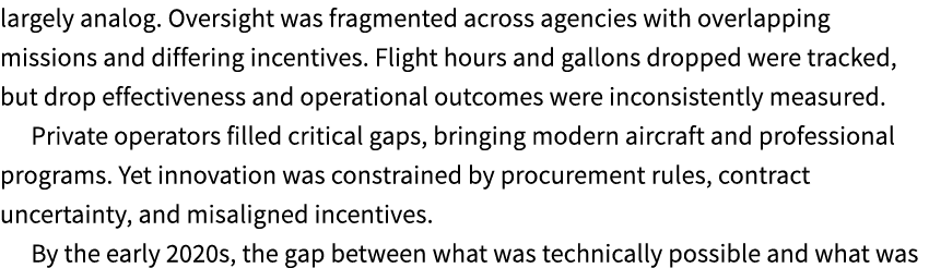 largely analog. Oversight was fragmented across agencies with overlapping missions and differing incentives. Flight h...