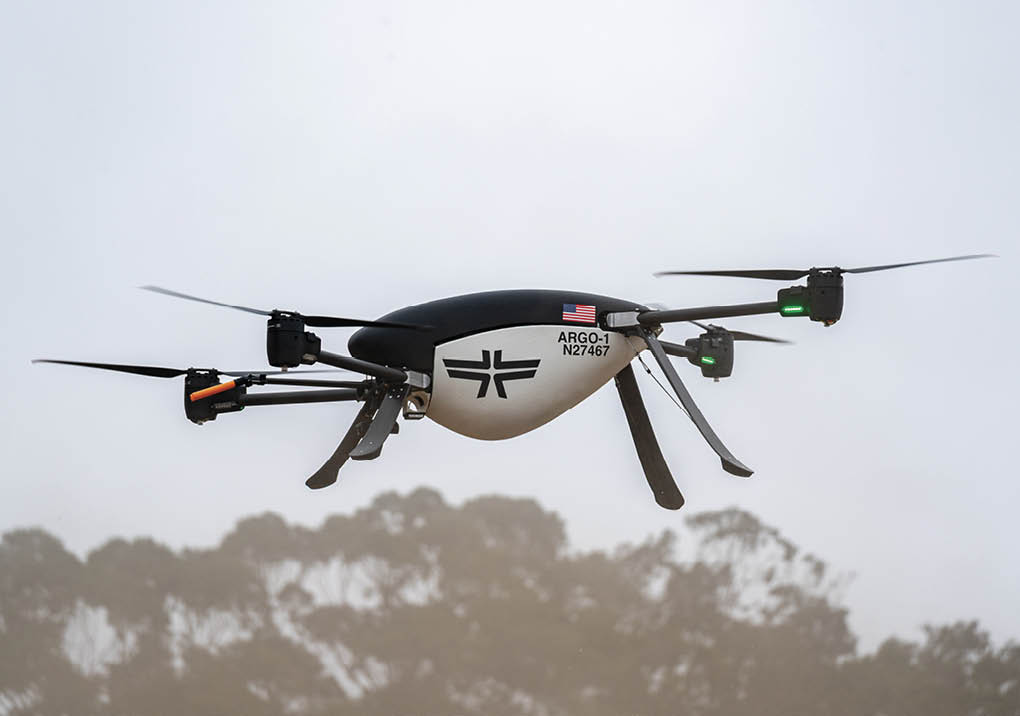 A drone with a flag on it flies in the air. AI generated content