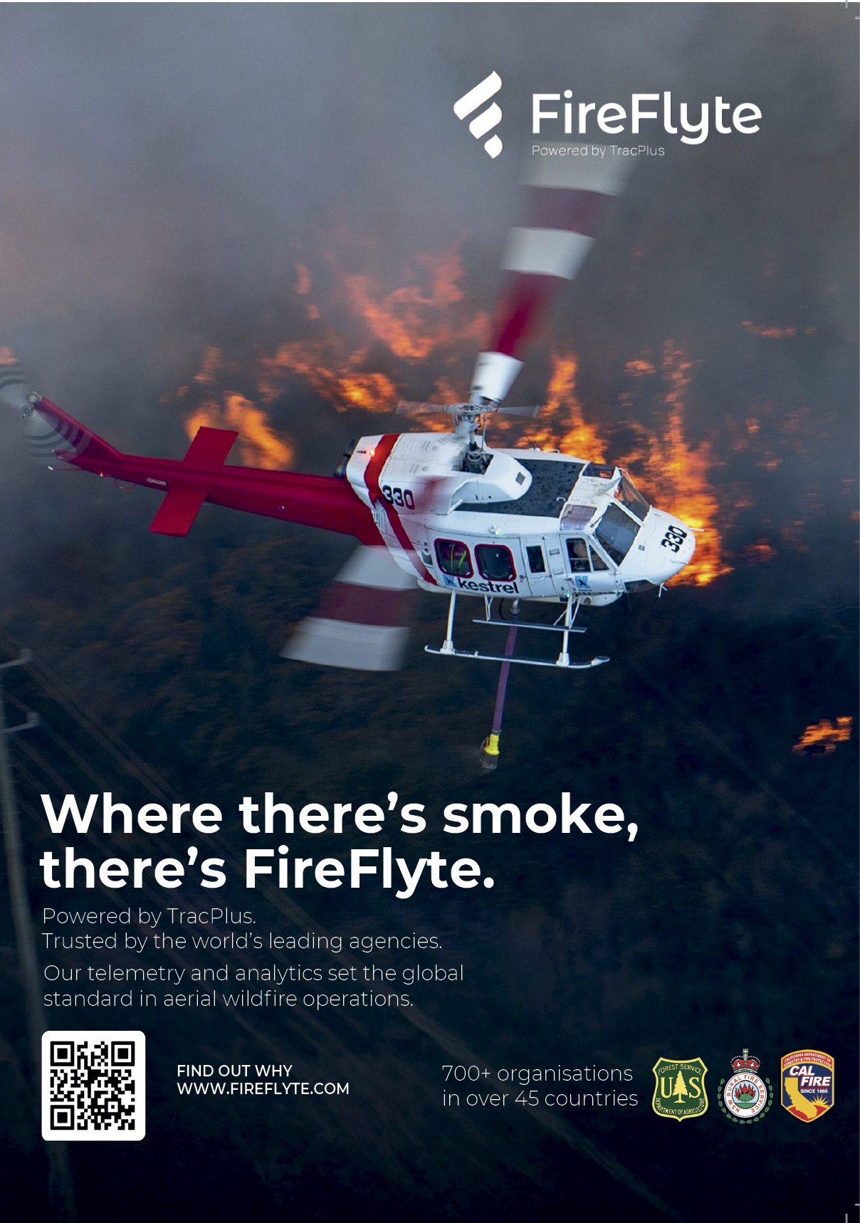 A red and white helicopter is flying over a fire. AI generated content