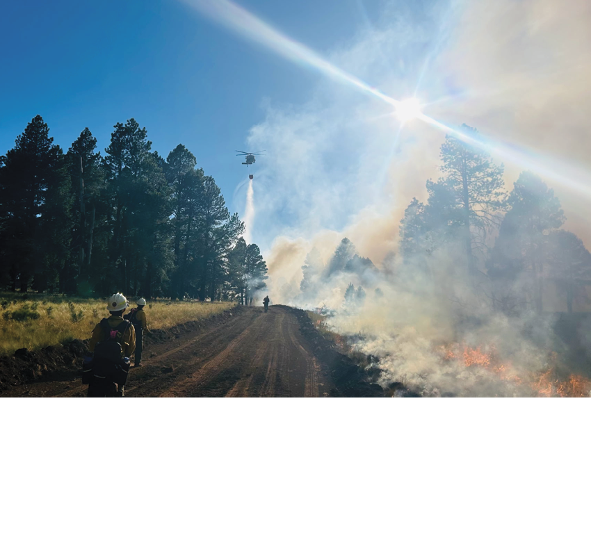 A helicopter is flying over a forest with smoke rising from the ground. AI generated content