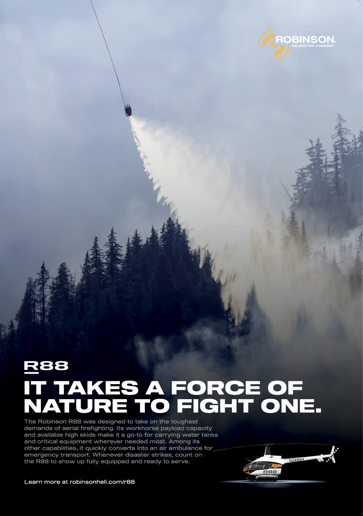 A helicopter is flying over a forest with a fire hose attached to it. AI generated content