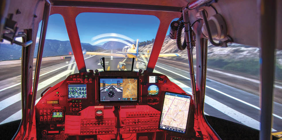 A cockpit of a plane with a red interior and a flight simulator. AI generated content
