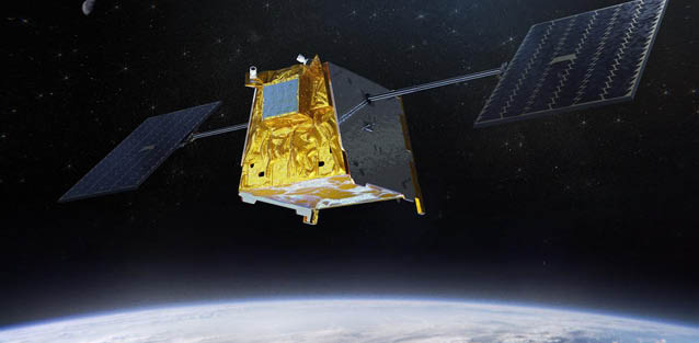 A spacecraft is flying over a blue planet. AI generated content