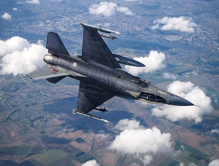 A fighter jet is flying through the sky with its nose pointed down. AI generated content