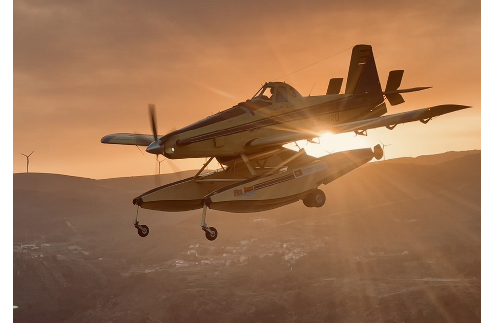 A small plane is flying in the air with its landing gear down. AI generated content