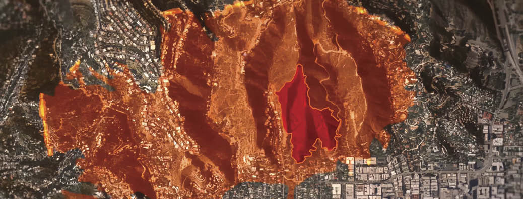 A red and orange colored map of a mountainous area. AI generated content
