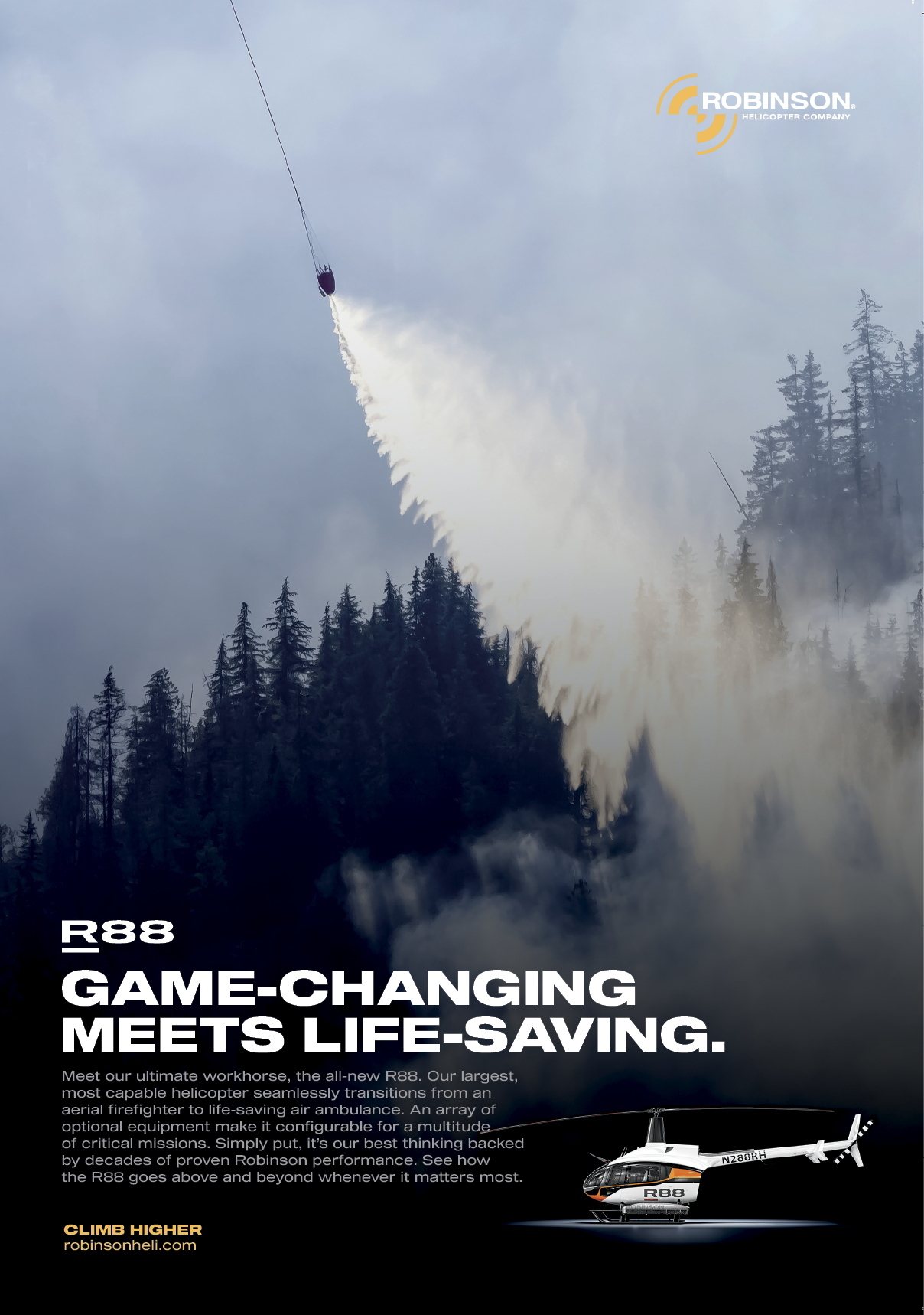 A helicopter is shown flying over a forest with a fire hose attached to it. AI generated content