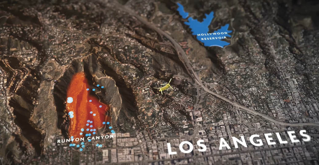 A map of Los Angeles with a red dot on top of a hill. AI generated content
