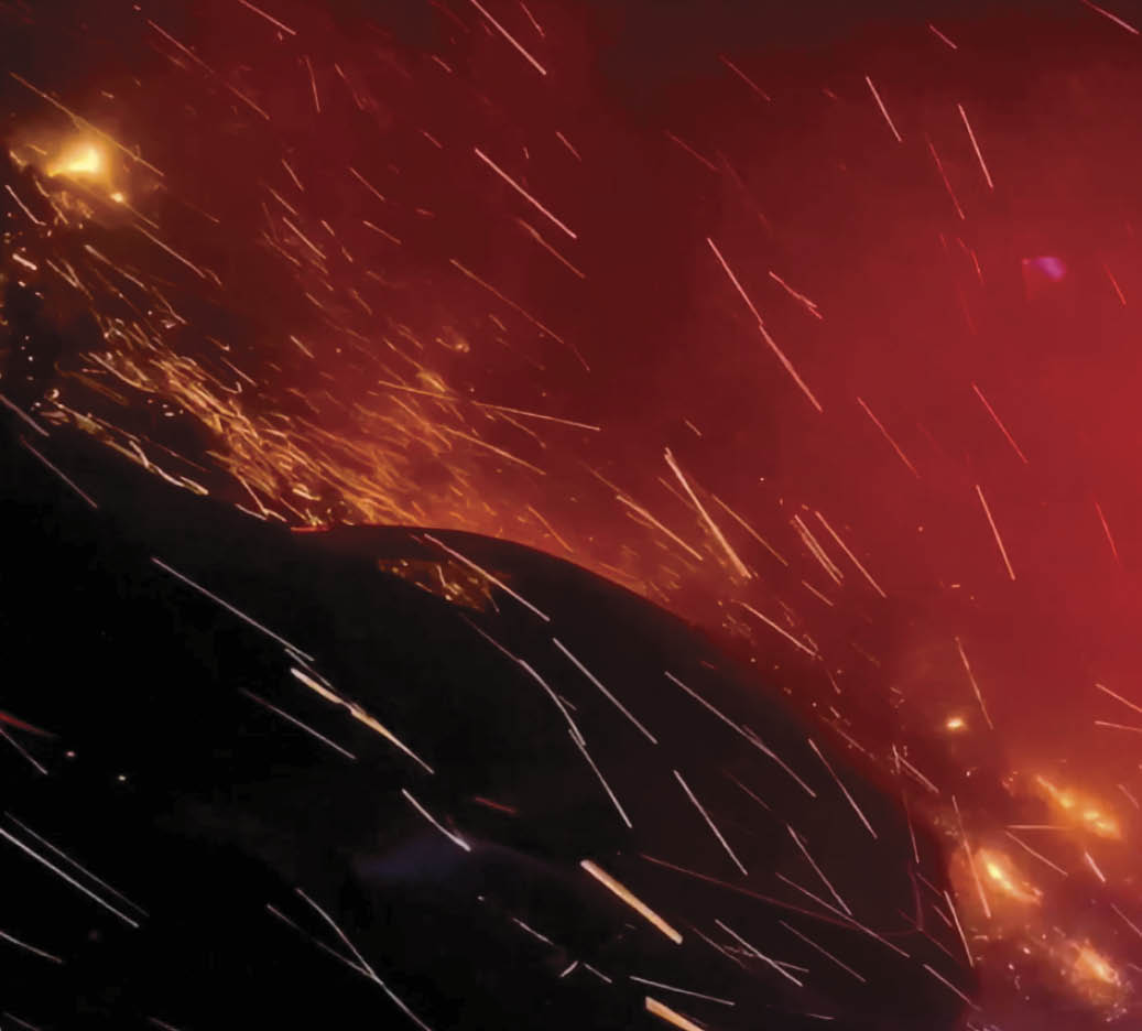 A fire is burning in the background, creating a red and orange glow. AI generated content