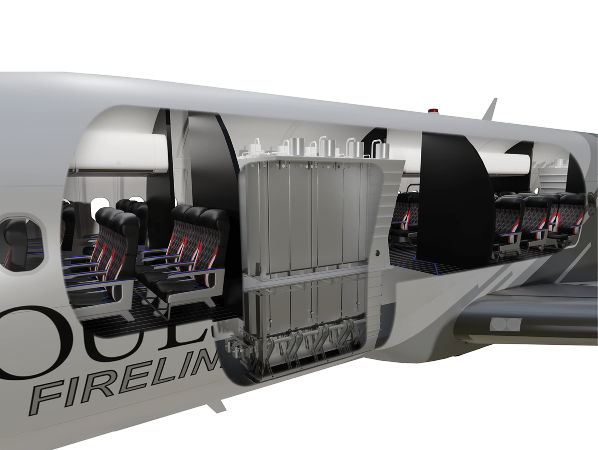 A white airplane with a row of seats. AI generated content