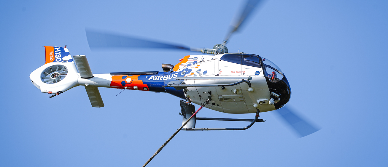 A helicopter with a red and blue tail is flying in the sky. AI generated content