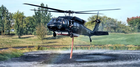 A yellow and black helicopter is parked on a runway. AI generated content