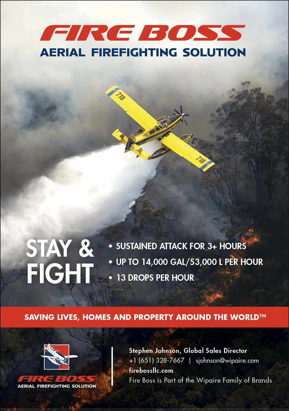 A yellow airplane is spraying water on a forest fire. The advertisement is for a firefighting solution. AI generated content