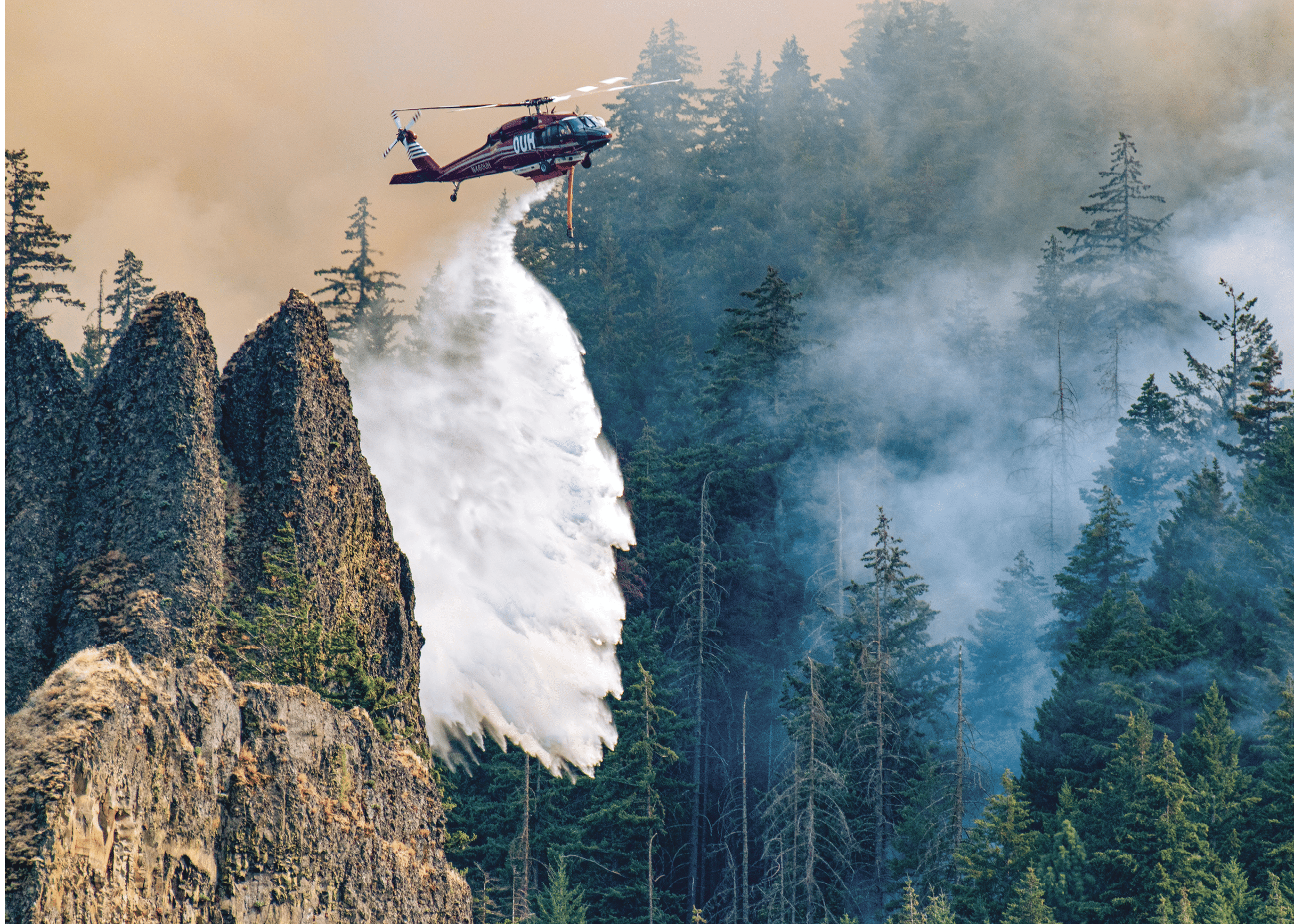 A helicopter with a red and blue tail is flying in the sky. AI generated content