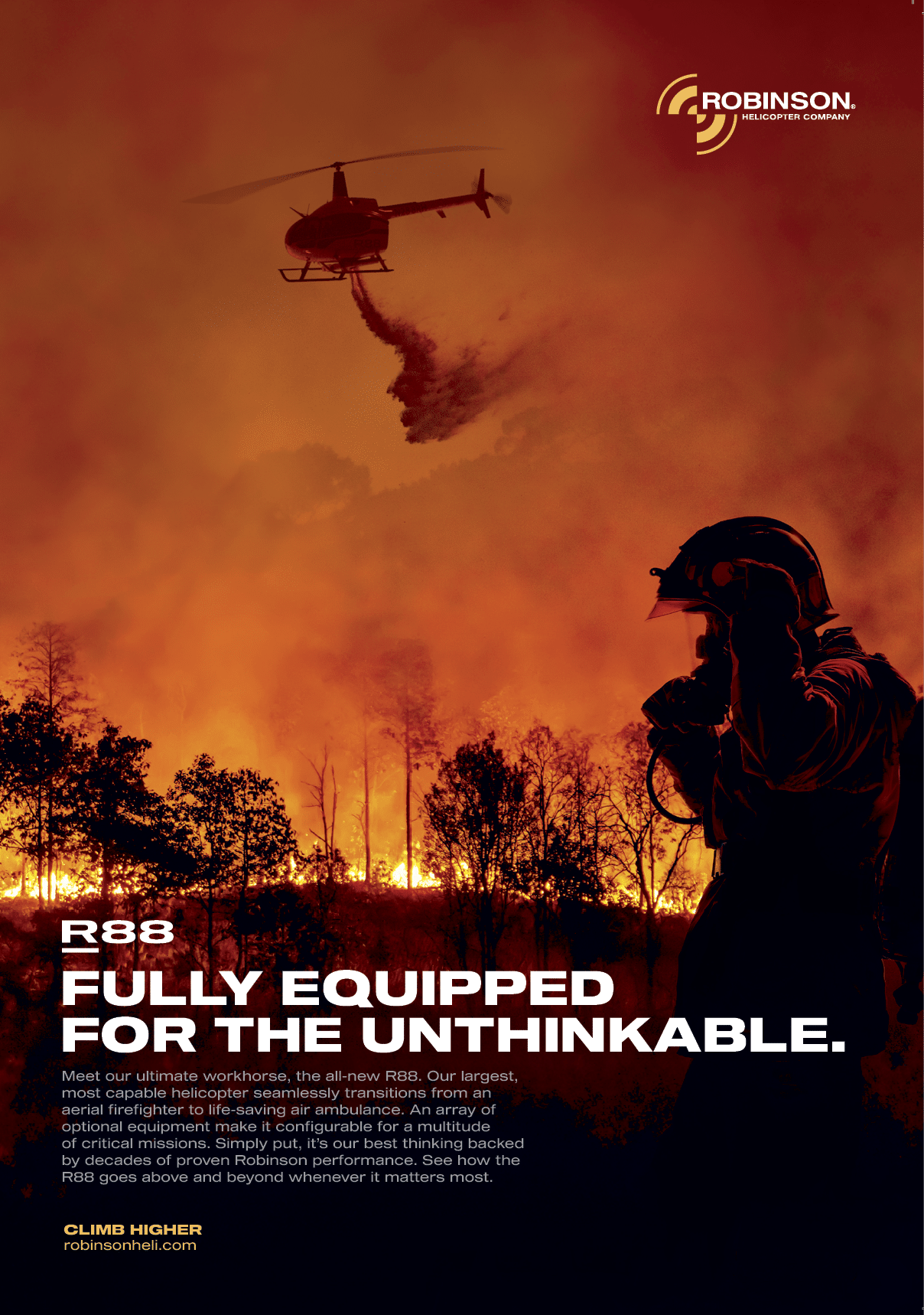 A helicopter is shown flying over a forest with a fire hose attached to it. AI generated content
