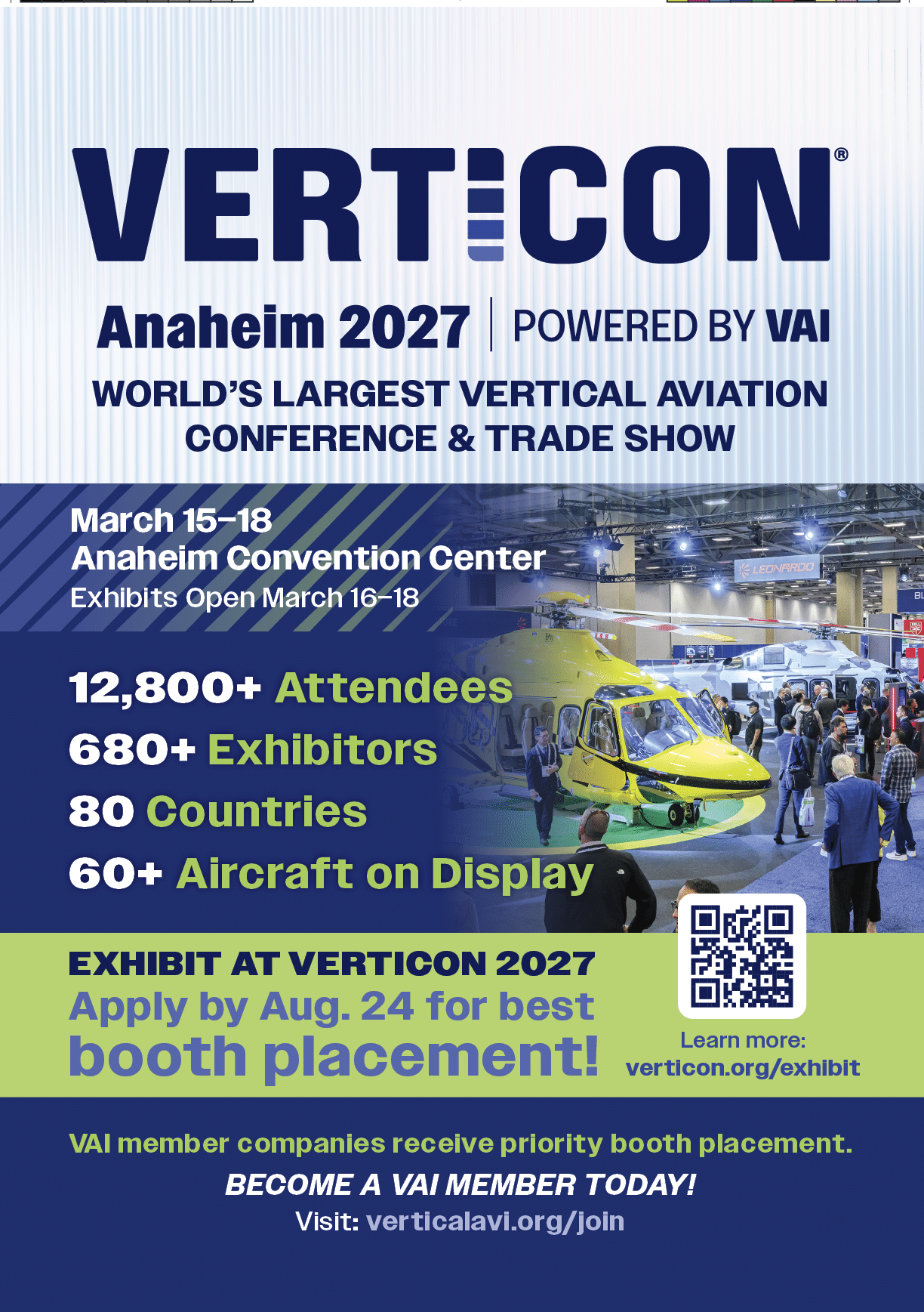Promotional flyer for VertiCon Anaheim 2027, a vertical aviation conference and trade show featuring a helicopter in an exhibition hall with attendees, highlighting event dates, location, and booth placement application details. Description generated by AI