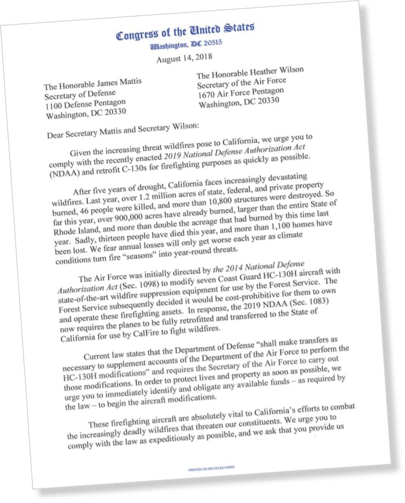 A formal letter dated August 14, 2018, from the United States Congress addressed to the Secretaries of Defense and the Air Force urging compliance with wildfire-related defense measures in California. Description generated by AI