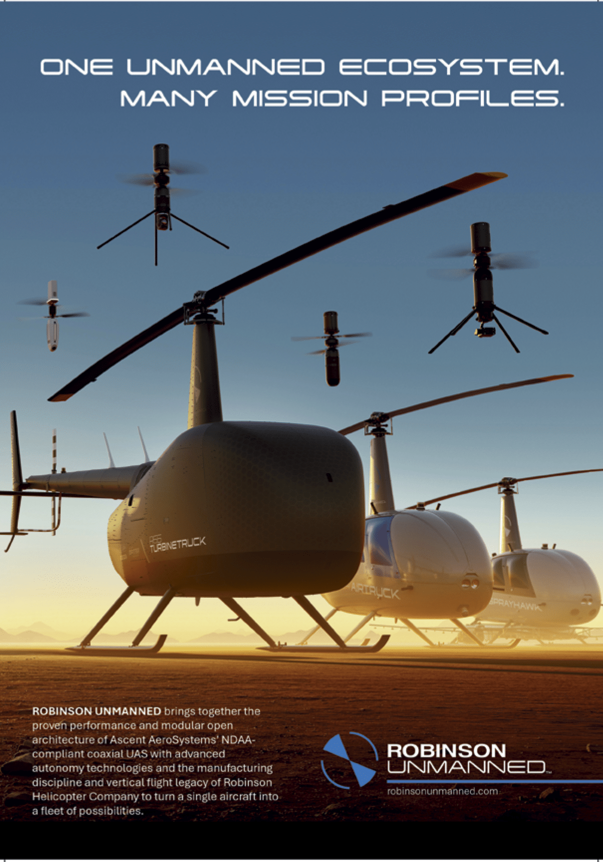 A poster advertising unmanned drones with multiple helicopters in the air. AI generated content