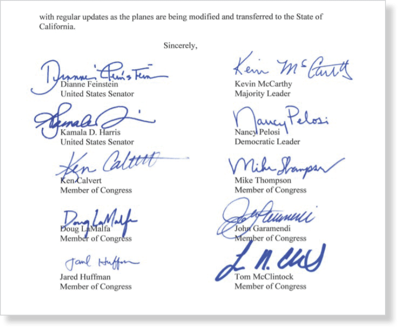 A formal letter section with signatures and printed names of multiple United States Senators and Members of Congress arranged in two columns under the closing word “Sincerely." Description generated by AI