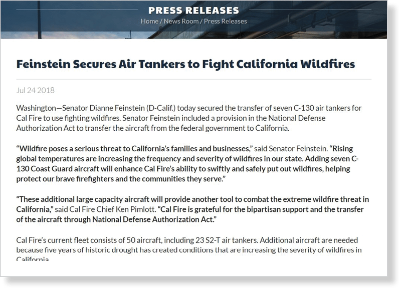 A news article headline announces that a senator secured the transfer of air tankers to fight California wildfires, with quotes emphasizing the threat of wildfires and the importance of additional aircraft for firefighting efforts. Description generated by AI
