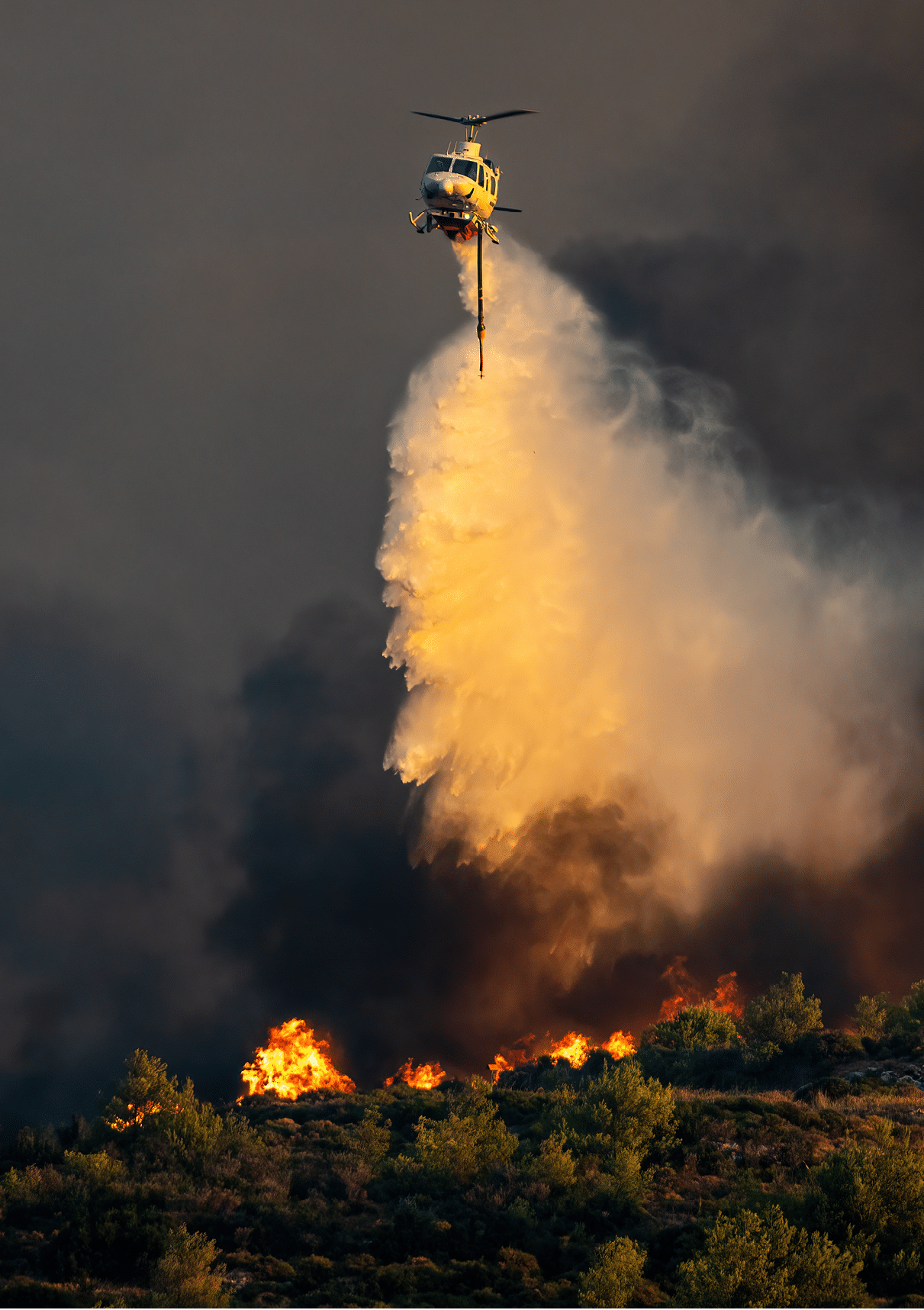 A helicopter is releasing water over a wildfire burning on a hillside covered with trees and vegetation. Description generated by AI