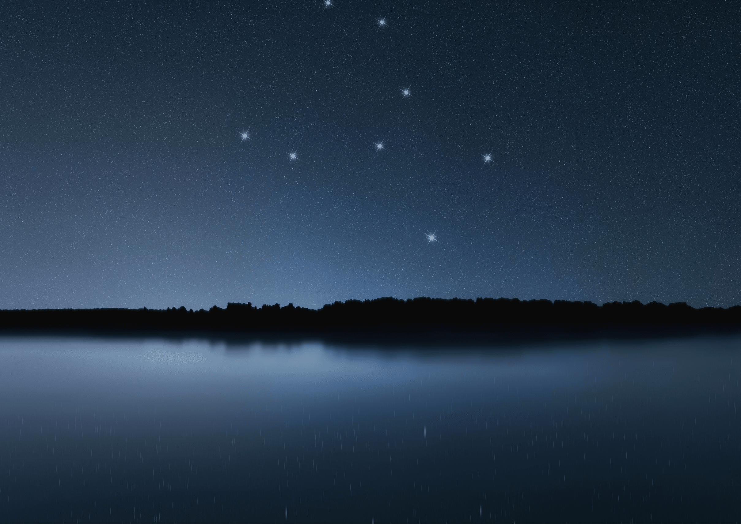 A night sky with a constellation of bright stars reflected on a calm body of water with a dark treeline in the background. Description generated by AI