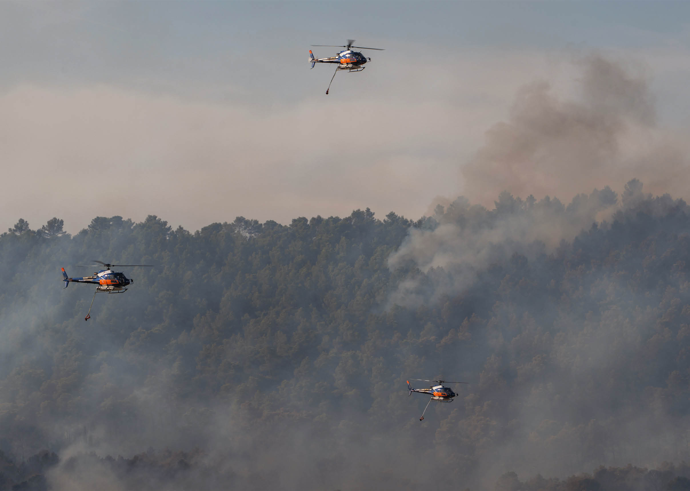 Three helicopters are flying over a forested area with smoke rising, likely engaged in firefighting efforts. Description generated by AI