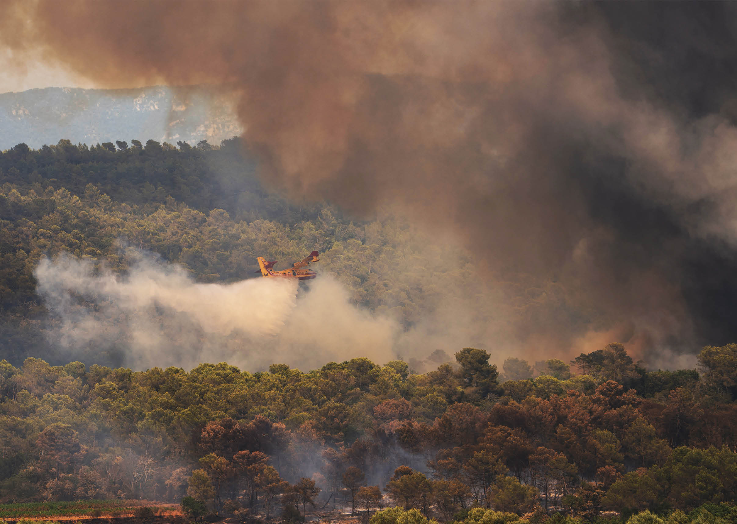 A plane is flying low over a forest releasing a large plume of water or fire retardant to combat a wildfire with thick smoke rising above the trees. Description generated by AI
