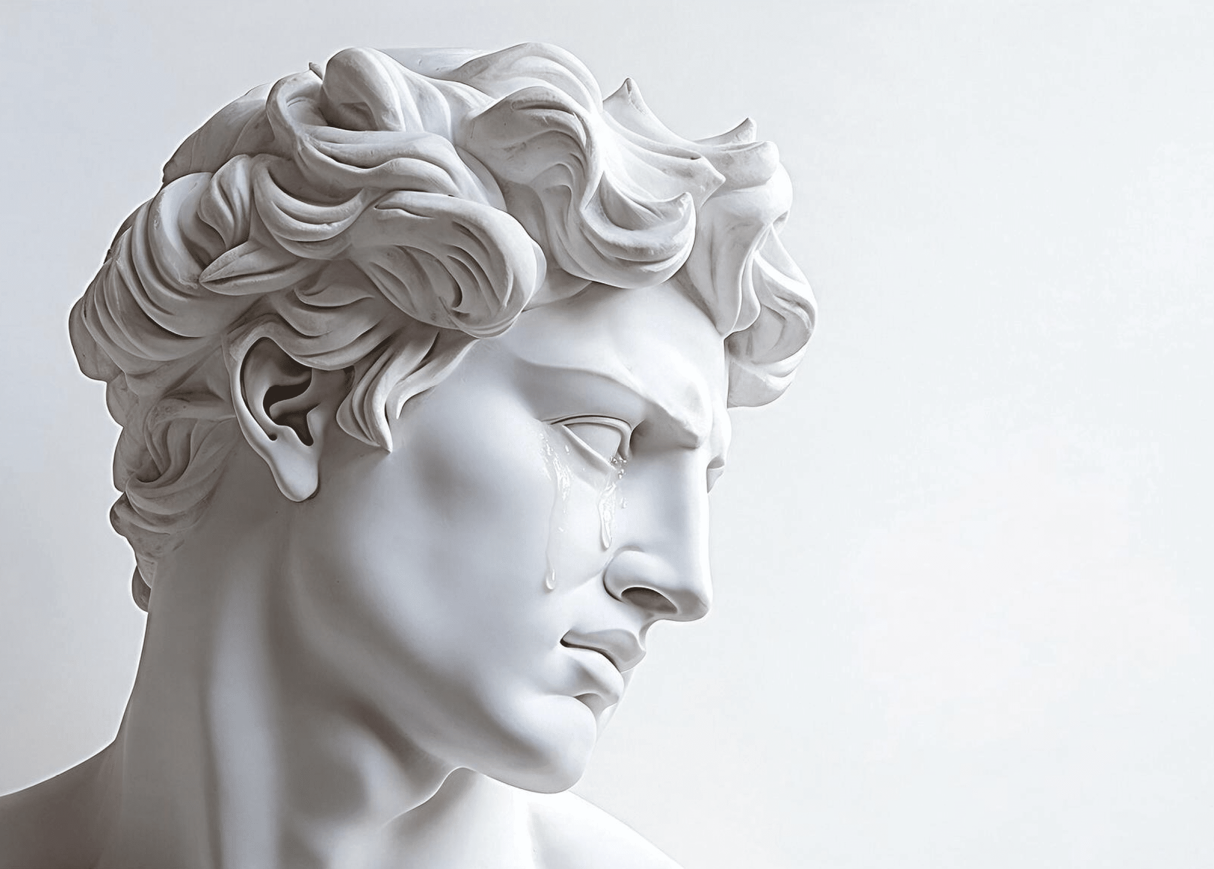A classical white marble statue head with detailed curly hair is depicted with tears streaming down its face against a plain light background. Description generated by AI