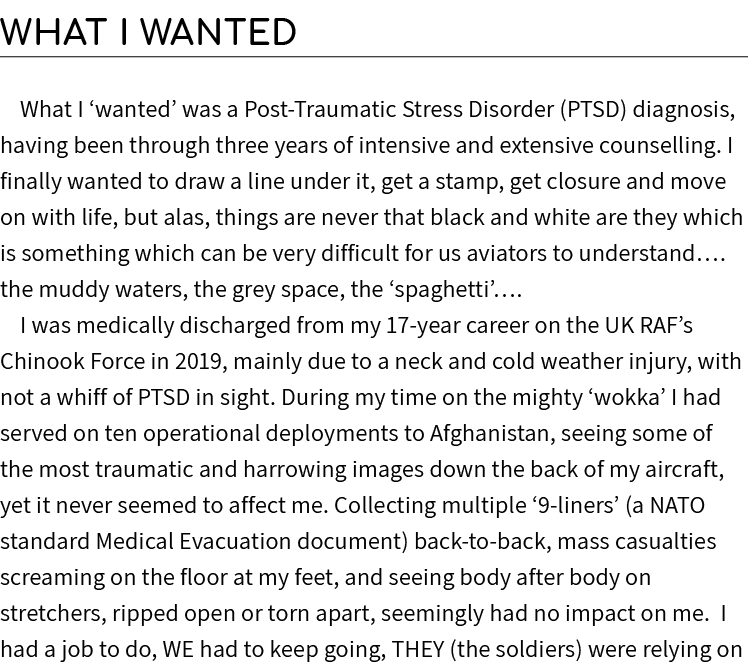 What I Wanted What I ‘wanted’ was a Post Traumatic Stress Disorder (PTSD) diagnosis, having been through three years ...
