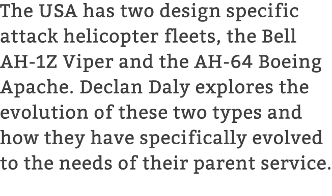 The USA has two design specific attack helicopter fleets, the Bell AH 1Z Viper and the AH 64 Boeing Apache. Declan Da...