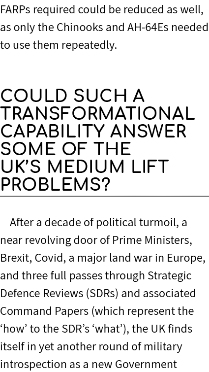 FARPs required could be reduced as well, as only the Chinooks and AH 64Es needed to use them repeatedly. Could such a...